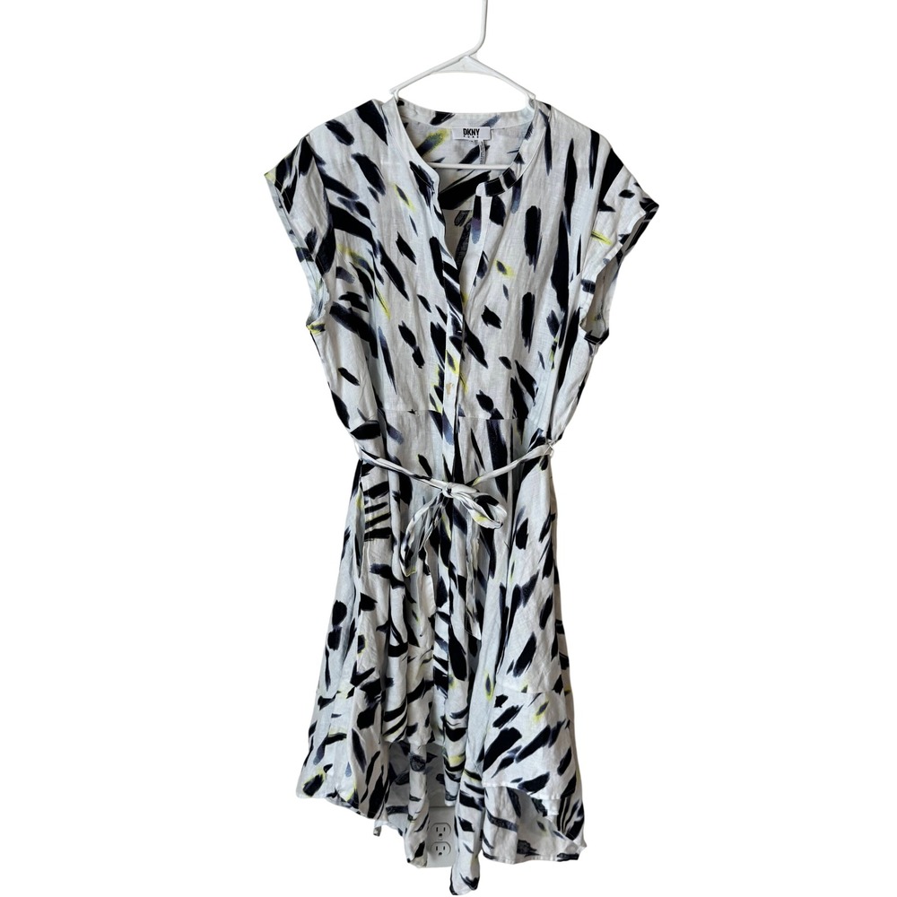 DKNY Pure Womens 16 White Linen Abstract Brushstroke Print Belted Shirtdress